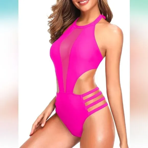 Tempt Me Hot Pink Sexy Mesh High Neck Halter Cutout Swimsuit Size Med NWT - Picture 4 of 5